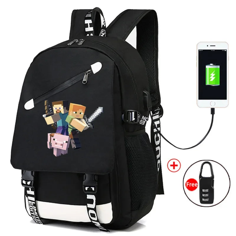 Game Minecraft Waterproof Laptop Backpack Men USB Charging Travel Zombie Creeper Printing Bag Students Adult Birthday Gift Toy