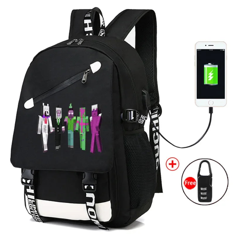 Game Minecraft Waterproof Laptop Backpack Men USB Charging Travel Zombie Creeper Printing Bag Students Adult Birthday Gift Toy