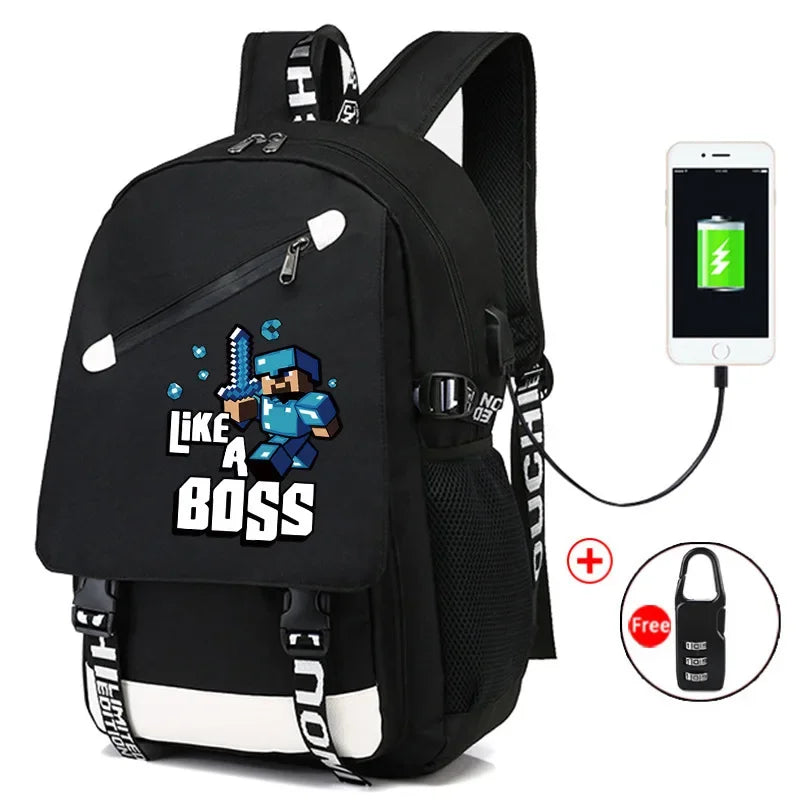 Game Minecraft Waterproof Laptop Backpack Men USB Charging Travel Zombie Creeper Printing Bag Students Adult Birthday Gift Toy