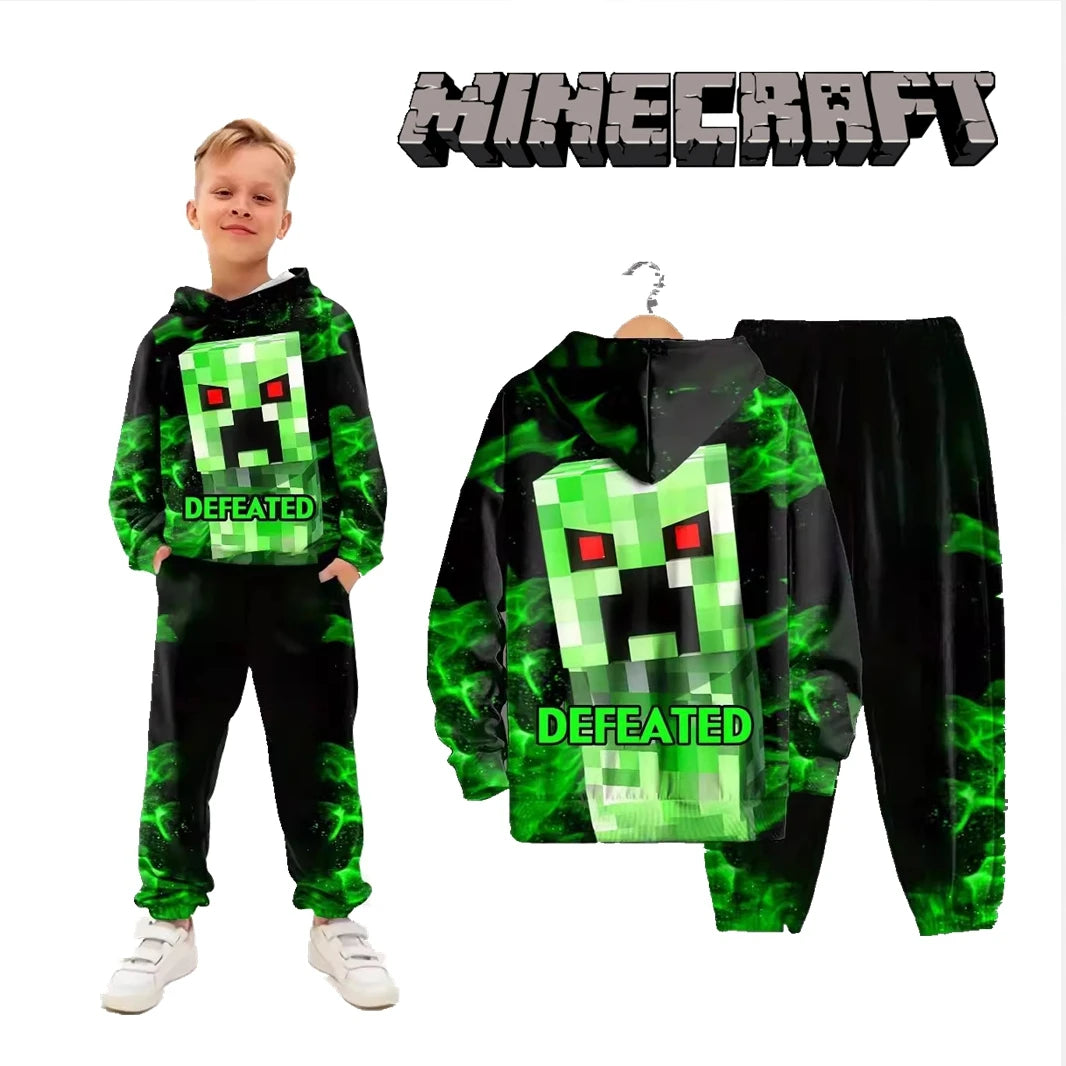 2pcs Minecraft Creeper Children's Hoodies Set Winter Spring Boys Casual Sweatshirts Long Sleeves Pants Fashion Sports Tracksuits