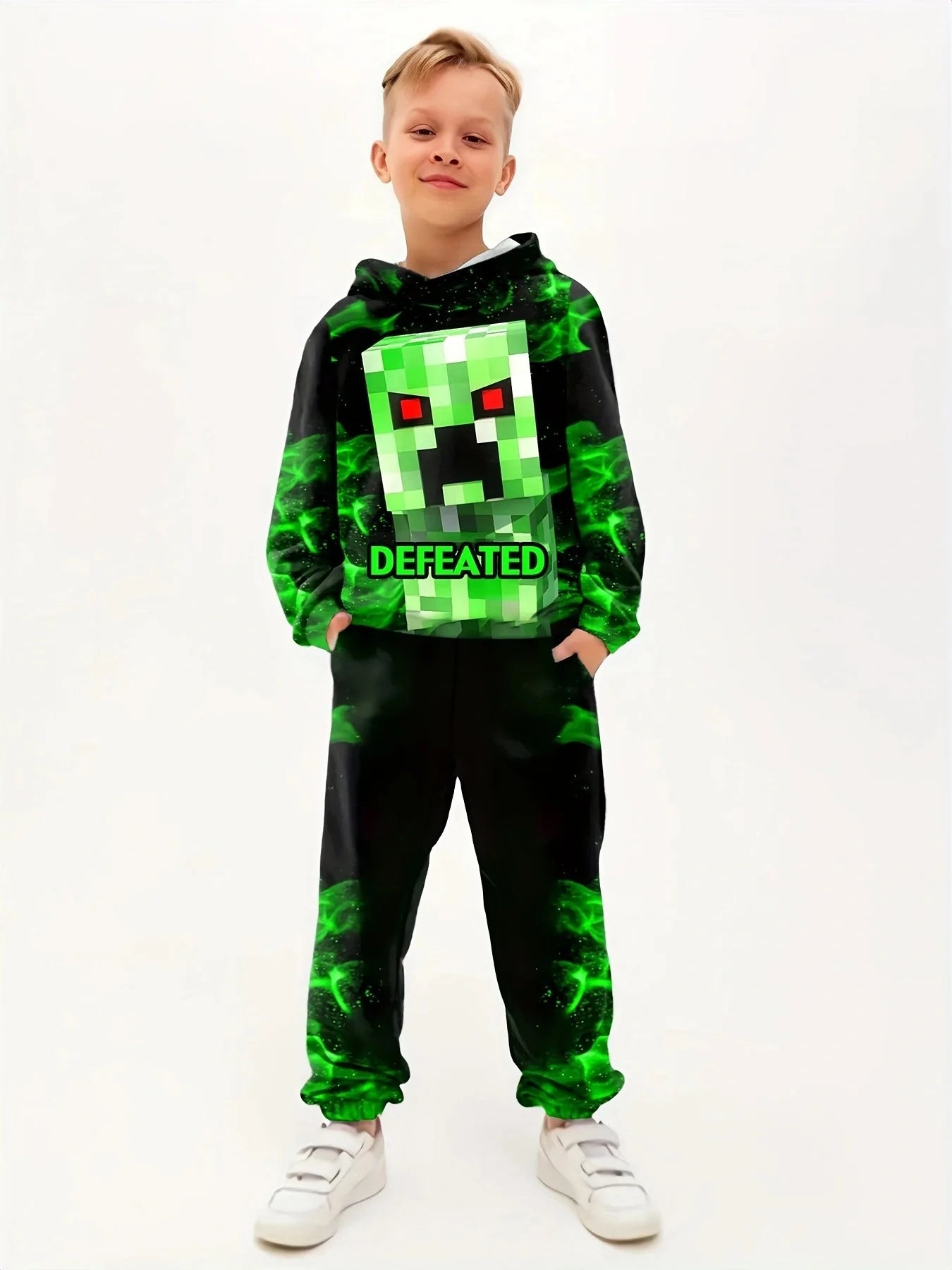 2pcs Minecraft Creeper Children's Hoodies Set Winter Spring Boys Casual Sweatshirts Long Sleeves Pants Fashion Sports Tracksuits