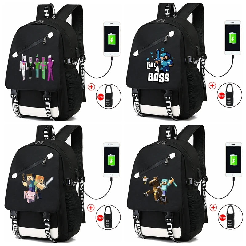 Game Minecraft Waterproof Laptop Backpack Men USB Charging Travel Zombie Creeper Printing Bag Students Adult Birthday Gift Toy