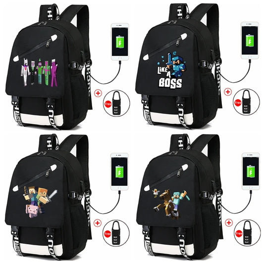 Game Minecraft Waterproof Laptop Backpack Men USB Charging Travel Zombie Creeper Printing Bag Students Adult Birthday Gift Toy