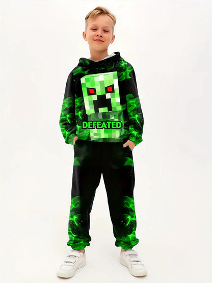 2pcs Minecraft Creeper Children's Hoodies Set Winter Spring Boys Casual Sweatshirts Long Sleeves Pants Fashion Sports Tracksuits